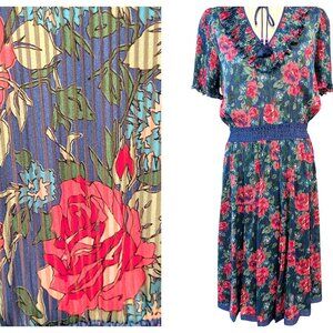 Diane Fries Womens Vtg Size M/L Blue Georgette Floral Split Skirt Ruffle Dress